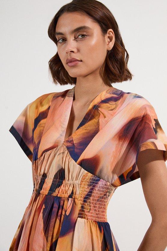 Karen Millen Shirred Cotton Printed Woven Plunge Neck Short Sleeve Maxi Dress Blue