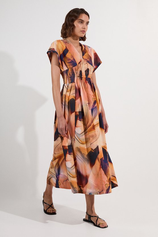 Karen Millen Shirred Cotton Printed Woven Plunge Neck Short Sleeve Maxi Dress Blue