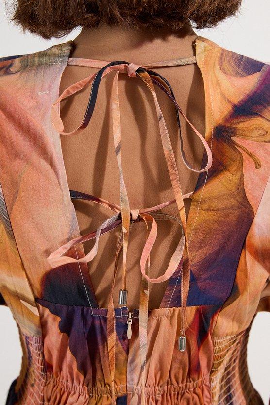 Karen Millen Shirred Cotton Printed Woven Plunge Neck Short Sleeve Maxi Dress Blue