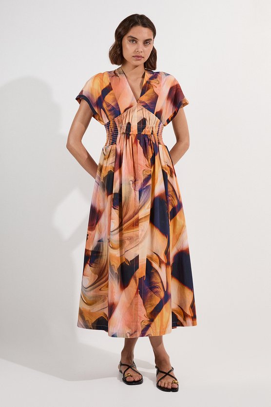 karen millen Shirred Cotton Printed Woven Plunge Neck Short Sleeve Maxi Dress blue