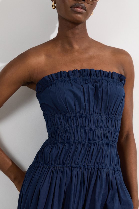Karen Millen Shirred Cotton Tiered Bandeau Woven Maxi Dress Navy