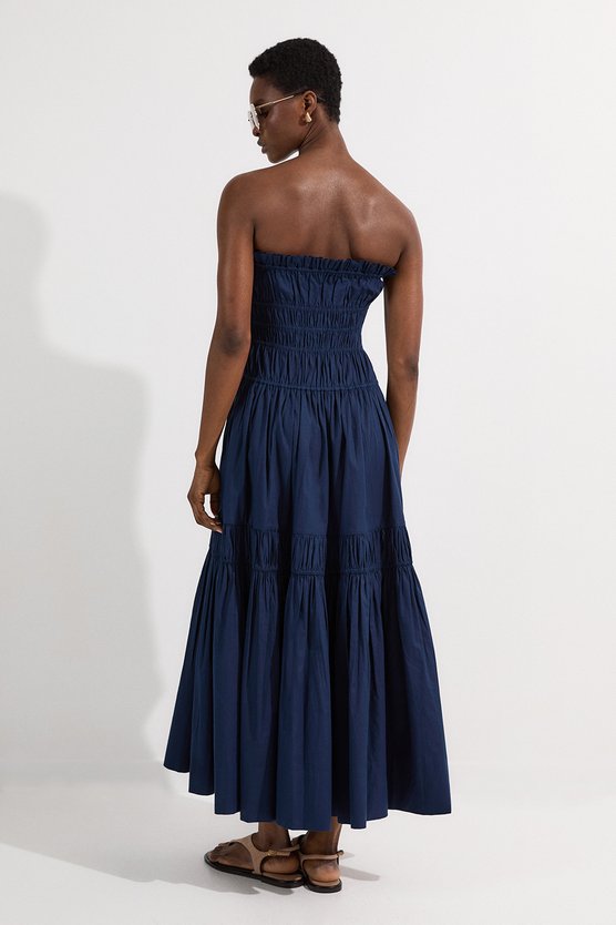 Karen Millen Shirred Cotton Tiered Bandeau Woven Maxi Dress Navy