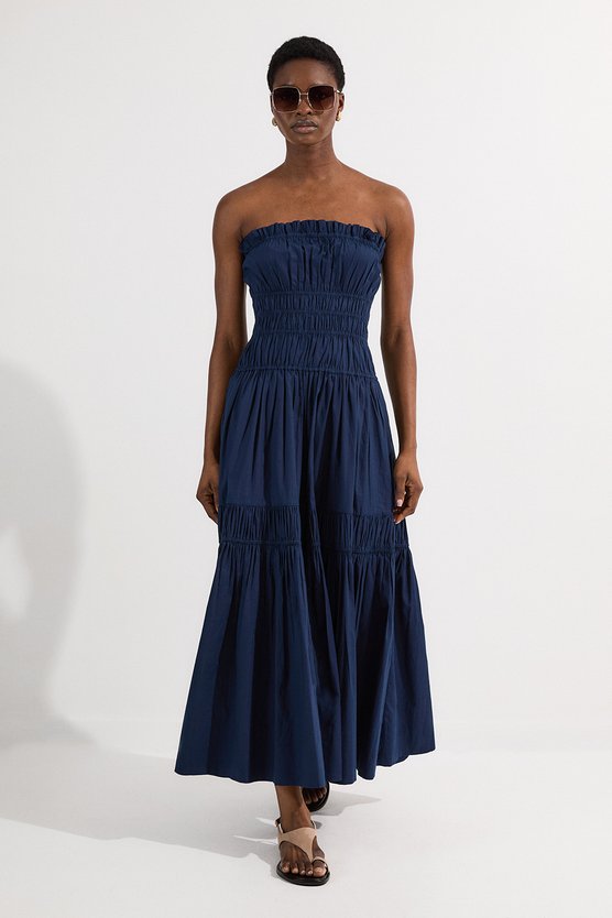 karen millen Shirred Cotton Tiered Bandeau Woven Maxi Dress navy