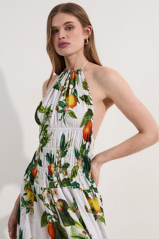 Karen Millen Shirred Cotton Tiered Fruit Print Halter Neck Woven Maxi Dress Multi
