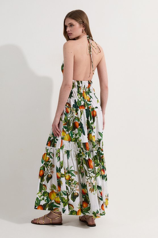 Karen Millen Shirred Cotton Tiered Fruit Print Halter Neck Woven Maxi Dress Multi