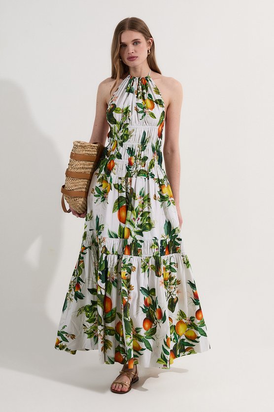 karen millen Shirred Cotton Tiered Fruit Print Halter Neck Woven Maxi Dress multi