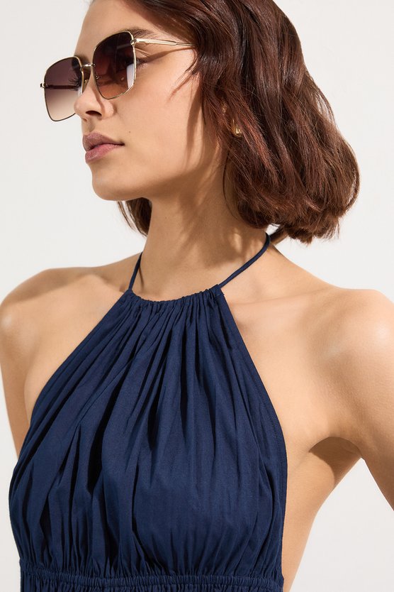 Karen Millen Shirred Cotton Tiered Halter Neck Woven Maxi Dress Navy