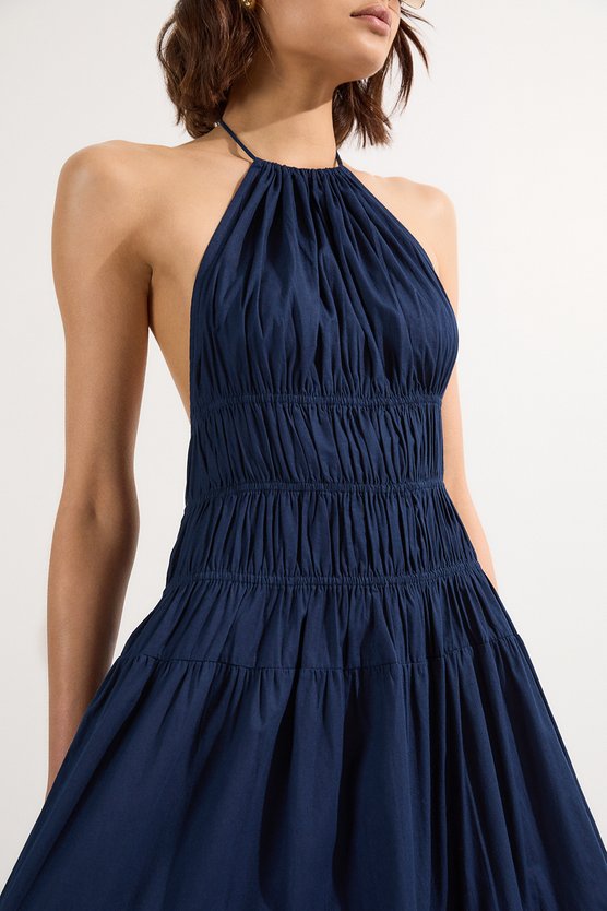 Karen Millen Shirred Cotton Tiered Halter Neck Woven Maxi Dress Navy