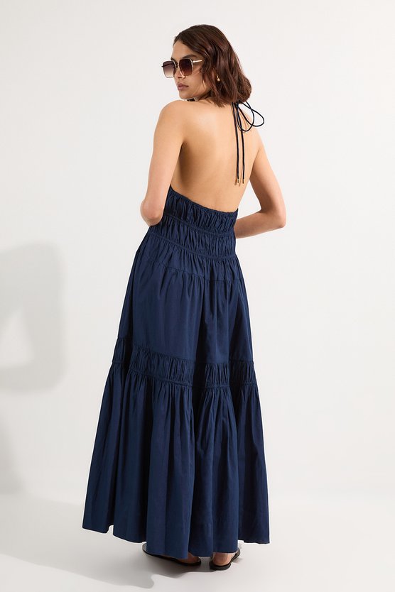 Karen Millen Shirred Cotton Tiered Halter Neck Woven Maxi Dress Navy