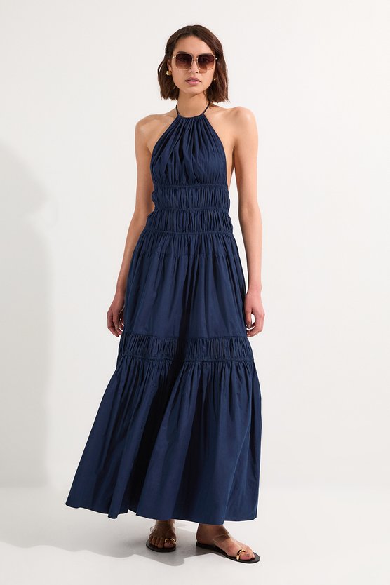 karen millen Shirred Cotton Tiered Halter Neck Woven Maxi Dress navy