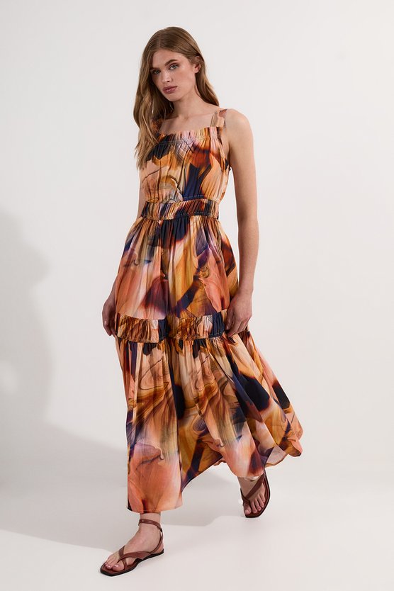 Karen Millen Shirred Cotton Tiered Printed Woven Maxi Dress Blue