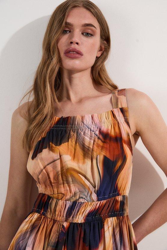 Karen Millen Shirred Cotton Tiered Printed Woven Maxi Dress Blue