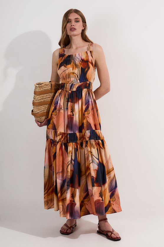 karen millen Shirred Cotton Tiered Printed Woven Maxi Dress blue