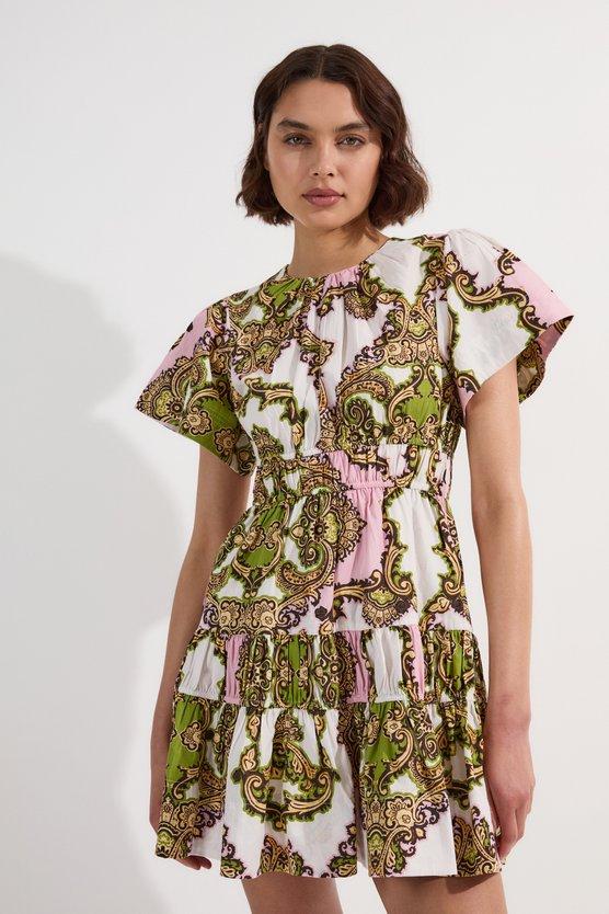 Karen Millen Shirred Cotton Tiered Tile Print Woven Mini Dress Multi