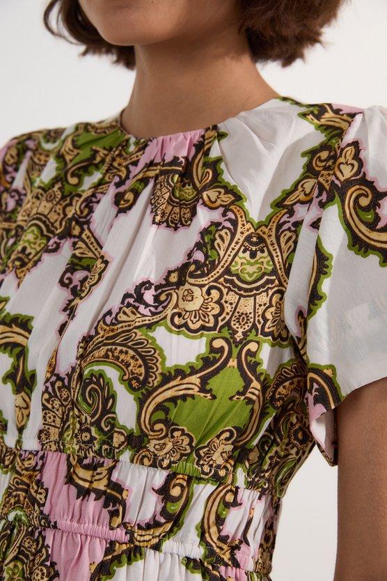 Karen Millen Shirred Cotton Tiered Tile Print Woven Mini Dress Multi