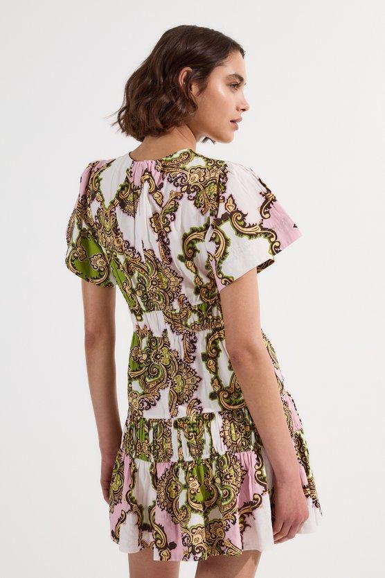 Karen Millen Shirred Cotton Tiered Tile Print Woven Mini Dress Multi