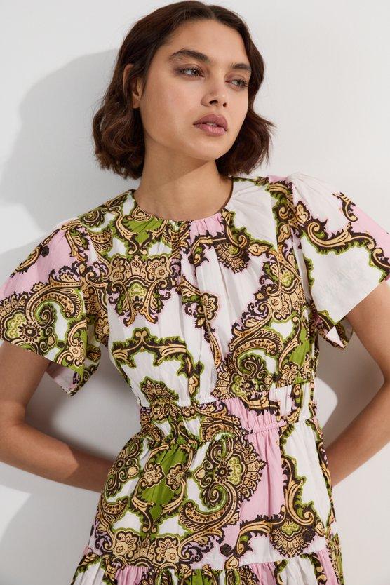 karen millen Shirred Cotton Tiered Tile Print Woven Mini Dress multi