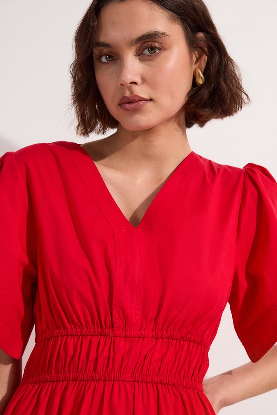 Karen Millen Shirred Cotton Tiered Woven Maxi Dress Red