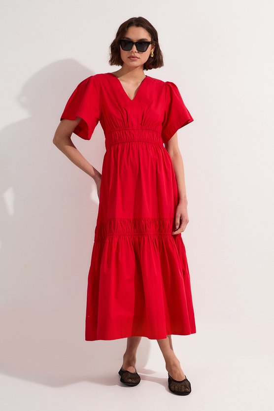 Karen Millen Shirred Cotton Tiered Woven Maxi Dress Red