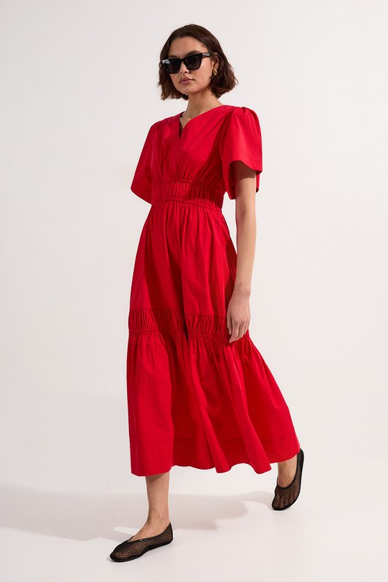 karen millen Shirred Cotton Tiered Woven Maxi Dress red
