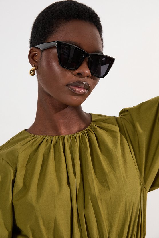 Karen Millen Shirred Cotton Tiered Woven Mini Dress Khaki