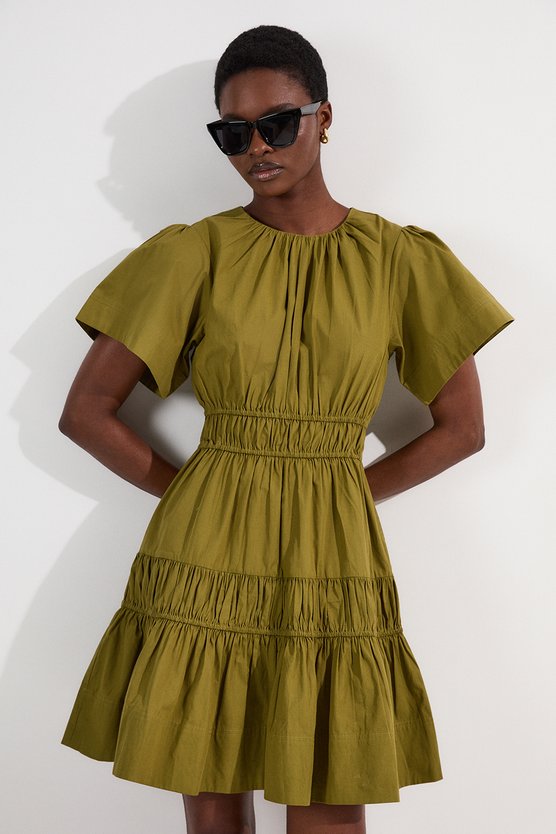 Karen Millen Shirred Cotton Tiered Woven Mini Dress Khaki