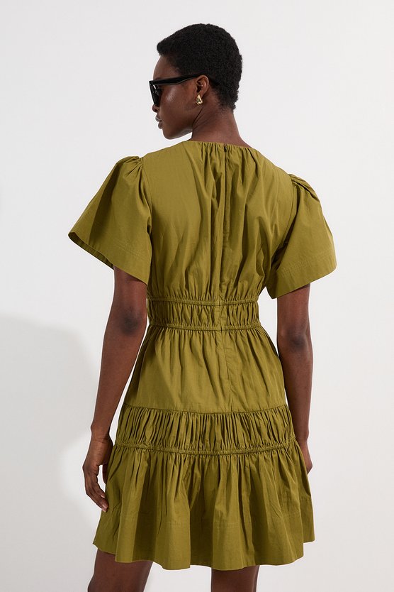 Karen Millen Shirred Cotton Tiered Woven Mini Dress Khaki