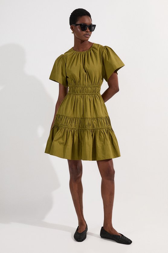 karen millen Shirred Cotton Tiered Woven Mini Dress khaki