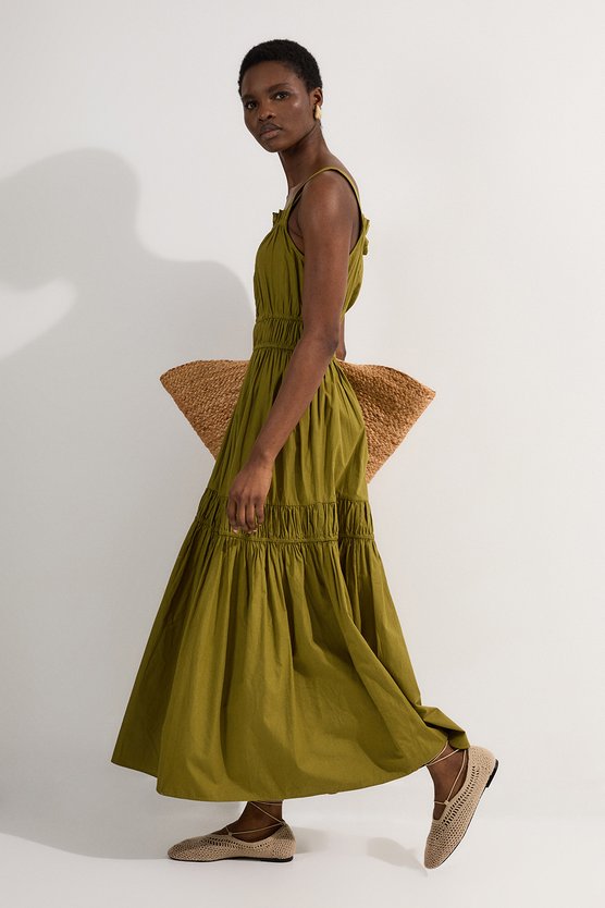 Karen Millen Shirred Cotton Tiered Woven Strappy Maxi Dress Khaki