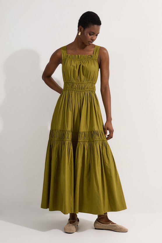 Karen Millen Shirred Cotton Tiered Woven Strappy Maxi Dress Khaki