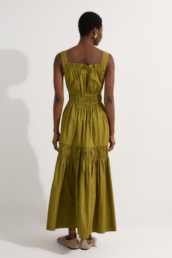 Karen Millen Shirred Cotton Tiered Woven Strappy Maxi Dress Khaki