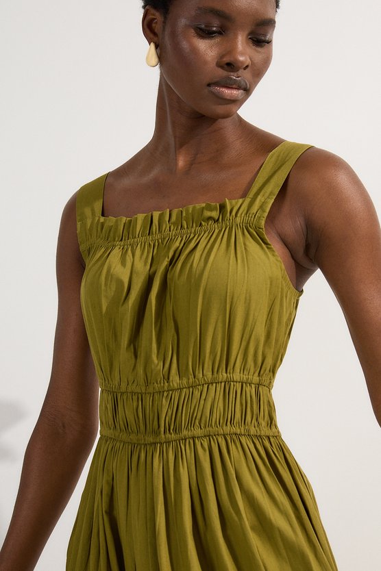 karen millen Shirred Cotton Tiered Woven Strappy Maxi Dress khaki karen millen Shirred Cotton Tiered Woven Strappy Maxi Dress khaki