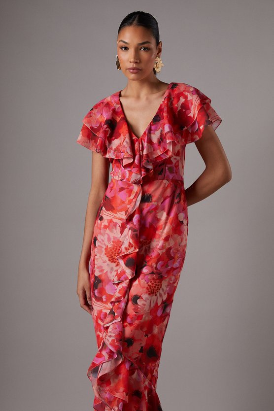 Karen Millen Short Sleeve Chiffon Maxi Dress With Frills Multi