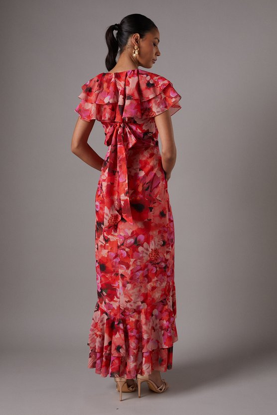 Karen Millen Short Sleeve Chiffon Maxi Dress With Frills Multi