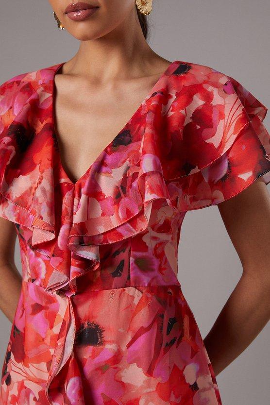 Karen Millen Short Sleeve Chiffon Maxi Dress With Frills Multi