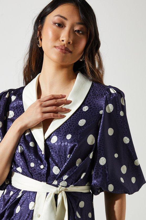 Karen Millen Short Sleeve Satin Polka-Dot Wrap Dress Navy