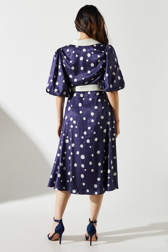 Karen Millen Short Sleeve Satin Polka-Dot Wrap Dress Navy