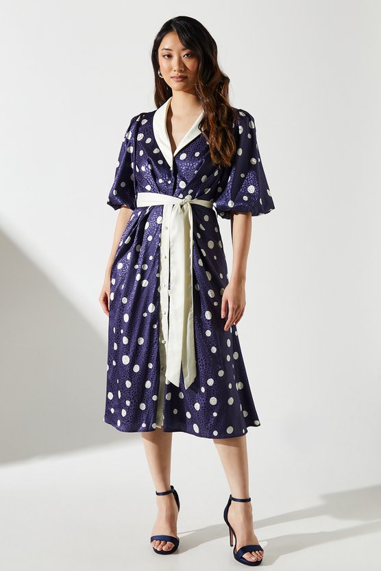 karen millen Short Sleeve Satin Polka-Dot Wrap Dress navy