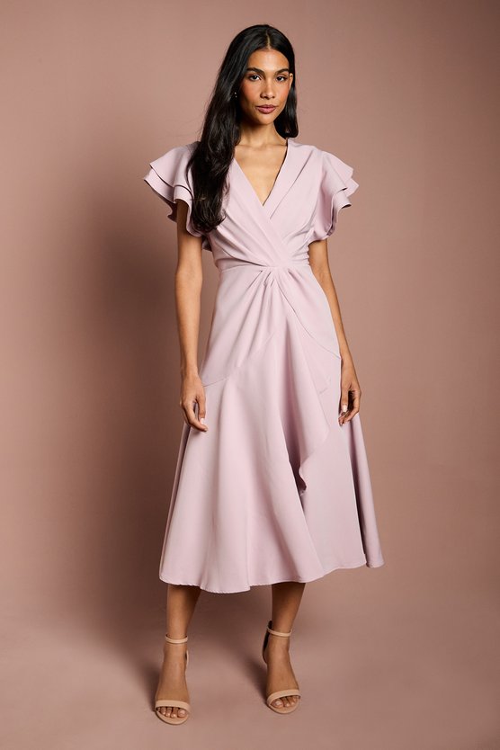 karen millen Short Sleeve V Neck Wrap Front Midi Dress mauve