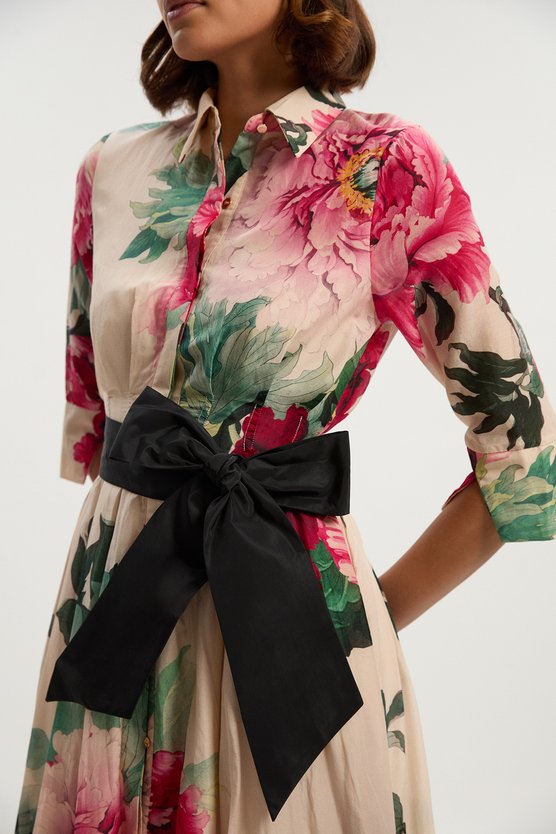 Karen Millen Silk Cotton Floral Print Woven Belted Maxi Shirt Dress Floral