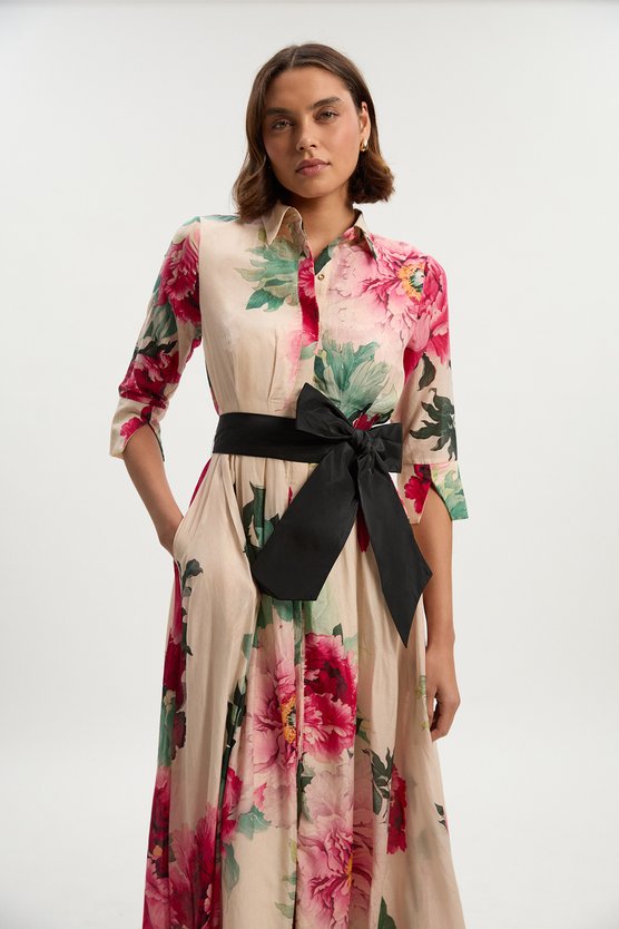 Karen Millen Silk Cotton Floral Print Woven Belted Maxi Shirt Dress Floral