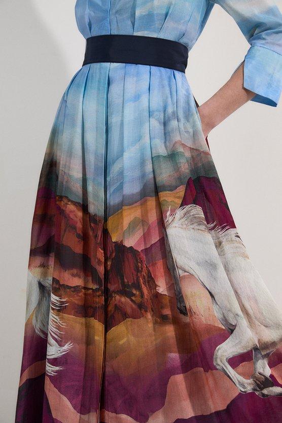 Karen Millen Silk Cotton Floral Print Woven Belted Maxi Shirt Dress Blue