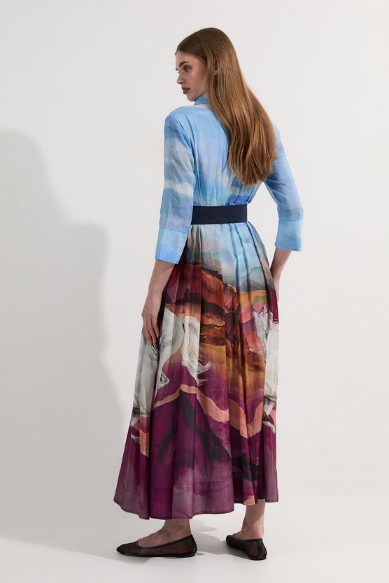 Karen Millen Silk Cotton Floral Print Woven Belted Maxi Shirt Dress Blue