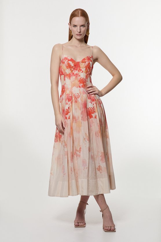 Karen Millen Silk Cotton Trailing Floral Strappy Midi Dress Peach