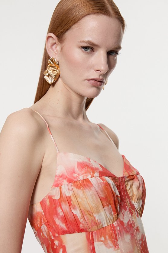 Karen Millen Silk Cotton Trailing Floral Strappy Midi Dress Peach