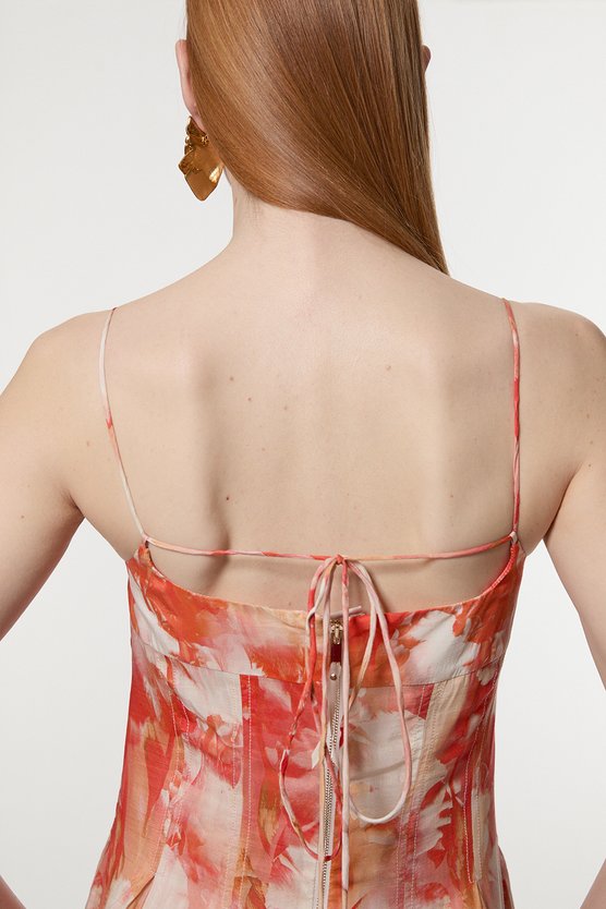 Karen Millen Silk Cotton Trailing Floral Strappy Midi Dress Peach