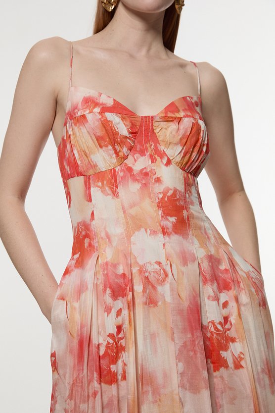 karen millen Silk Cotton Trailing Floral Strappy Midi Dress peach