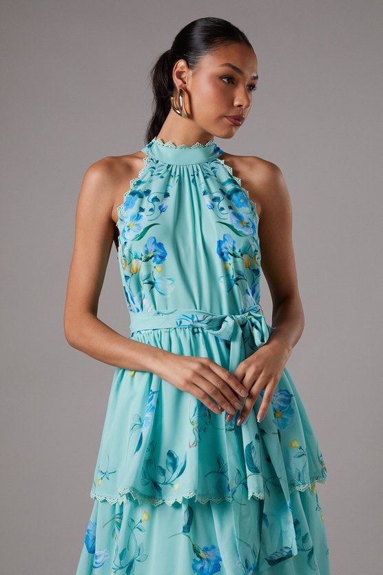 Karen Millen Sleeveless Halter Chiffon Midi Tiered Dress Blue