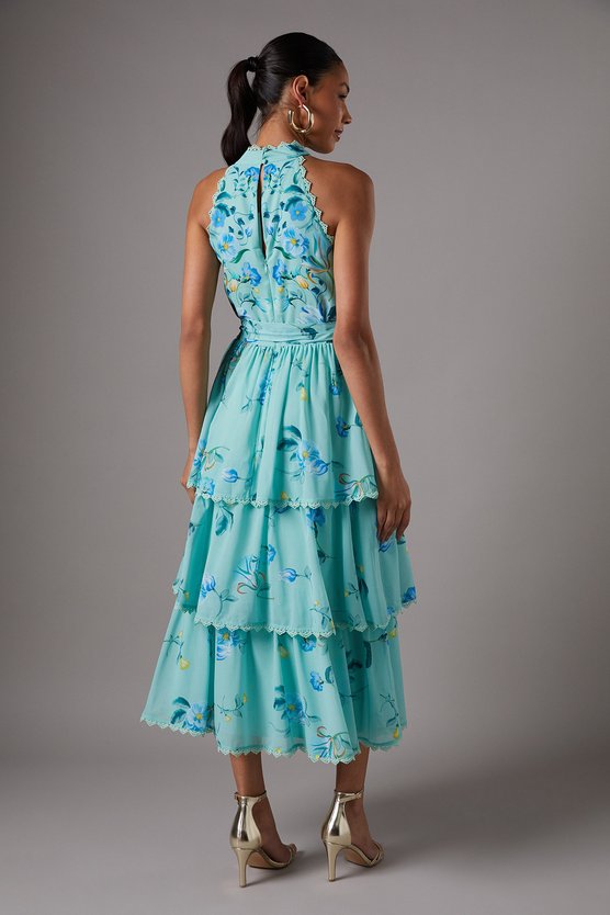 Karen Millen Sleeveless Halter Chiffon Midi Tiered Dress Blue