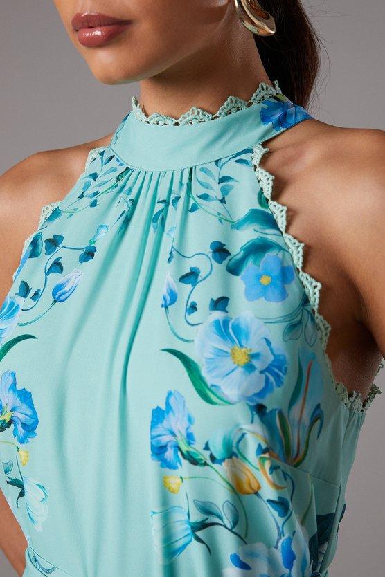 Karen Millen Sleeveless Halter Chiffon Midi Tiered Dress Blue